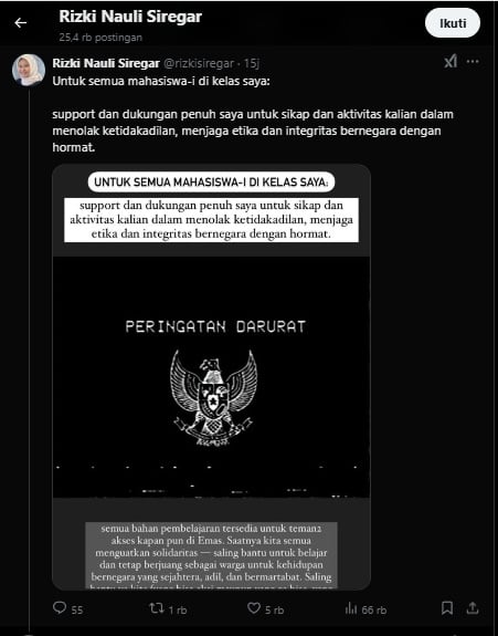 Cuitan Dosen UI dukung para mahasiswa demonstrasi bertajuk 'Indonesia Gelap.' (tangkapan layar/X)