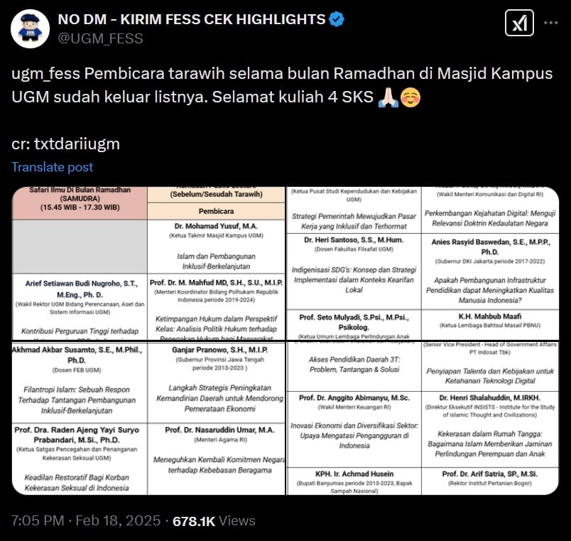 Jadwal pembicara tarawih di masijd kampus UGM selama bulan Ramadhan. [X/@UGM_FESS]