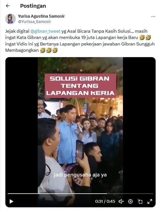 Tangkapan layar video saat Gibran memberikan solusi lapangan pekerjaan. [Media Sosial X]