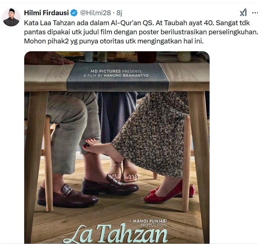 Twit Hilmi Firdausi tentang poster film La Tahzan. [Twitter]