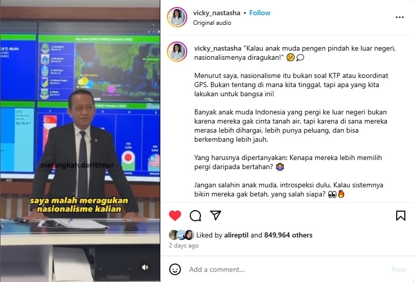 Guru TK di Jerman, Vicky Nastasha mengkritik telak ucapan Menteri ESDM Bahlil soal nasionalisme. (tangkapan layar/Instagram)