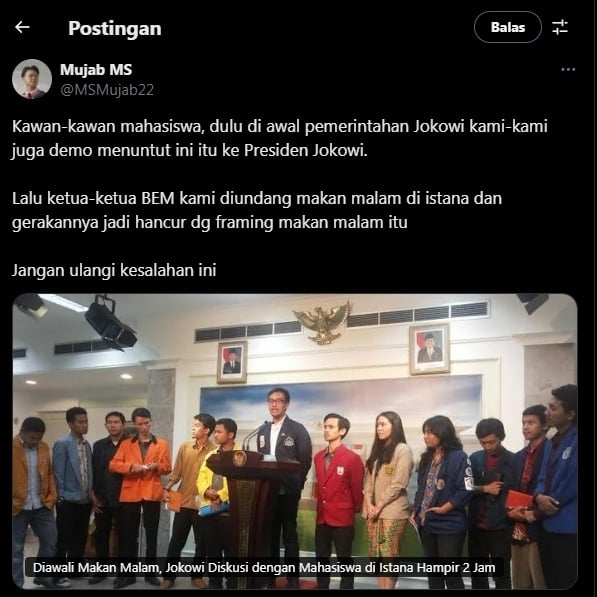 Cuitan eks Ketua BEM UI Muhammad Syaeful Mujab mengungkap soal undangan makan malam Jokowi. (tangkapan layar/X)