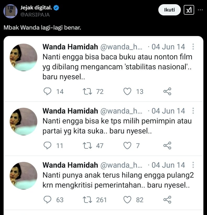 Cuitan lawas Wanda Hamidah di tahun 2014. (x/ARSIPAJA)