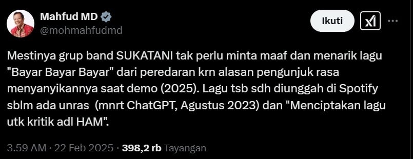 Cuitan Mahfud MD mengenai lagu Sukatani. (x/mohmahfudmd)