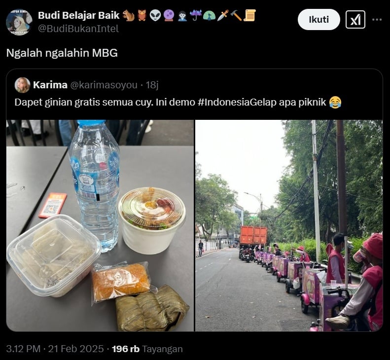 Makanan gratis demo Indonesia Gelap dibandingkan dengan MBG. (X)