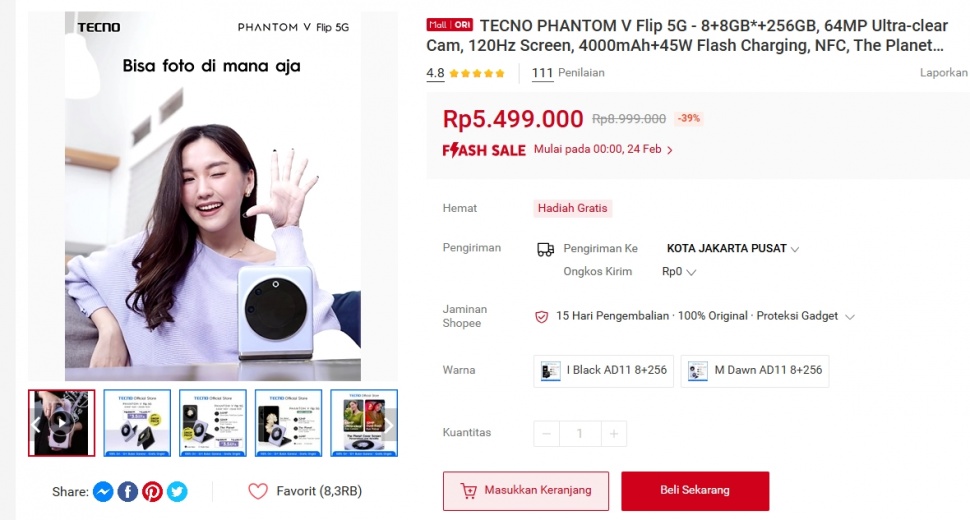 Update harga Tecno Phantom V Flip 5G. (Shopee)