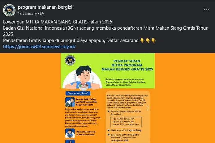 Cek Fakta tautan Mitra Program Makan Bergizi Gratis (Facebook)