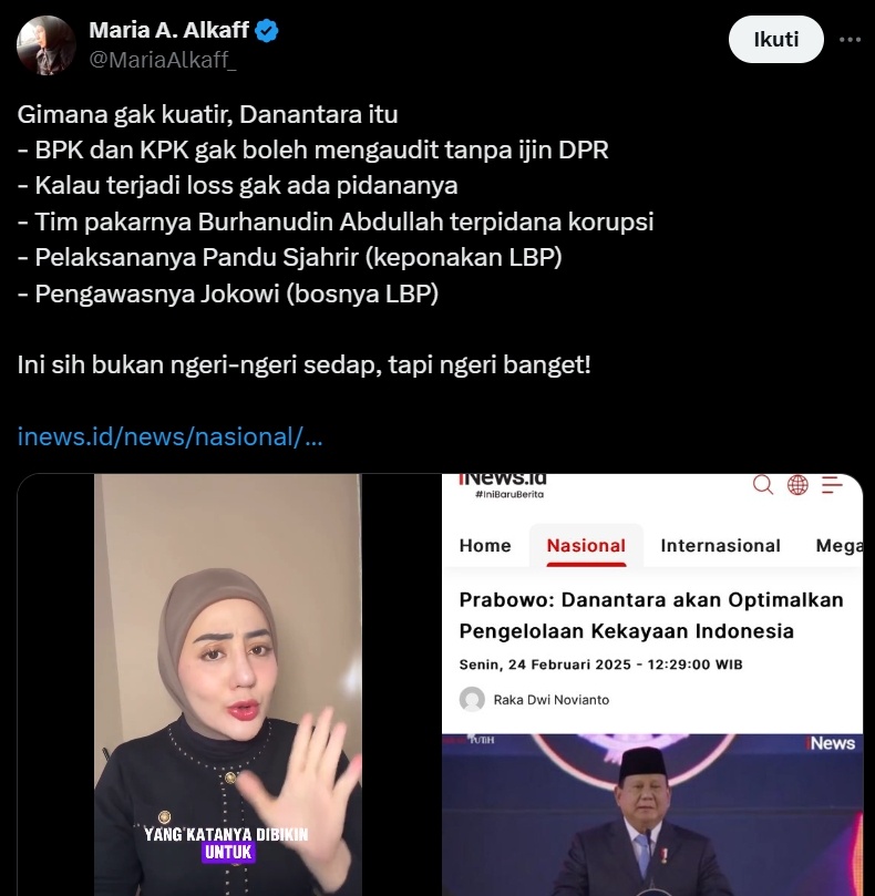 Kekhawatiran publik mengenai Danantara. (x/MariaAlkaff_)