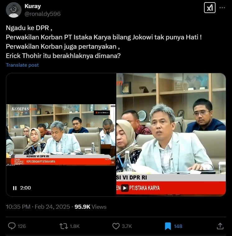 Viral korban PT Istaka Karya sebut Jokowi tak punya hati. (X)