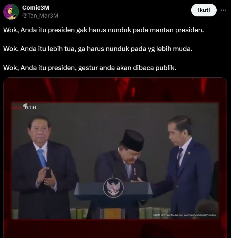 Prabowo menunduk saat salaman dengan Jokowi. (x/Tan_Mar3M)