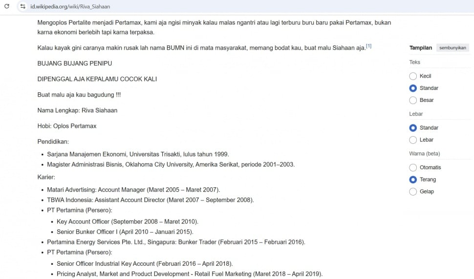 Netizen edit profil Riva Siahaan di Wikipedia. (ist)