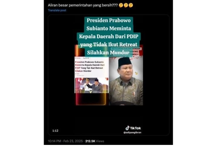 Cek Fakta Prabowo minta kader PDIP yang tak ikut retret kepala daerah untuk mundur (X)