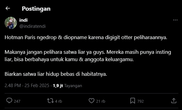 Cuitan Ahli biologi satwa liar soal kasus Hotman Paris digigit berang-berang peliharannya. (tangkapan layar/X)