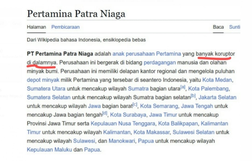 Netizen edit informasi PT Pertamina Patra Niaga dan Riva Siahaan di Wikipedia. (Wikipedia)