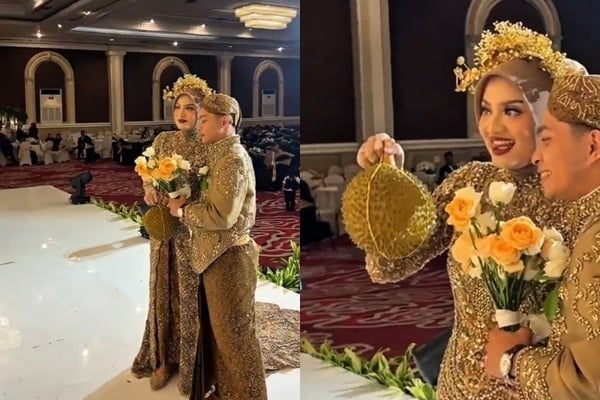 Viral pengantin ganti tradisi lempar bunga dengan lempar durian (X/@/headlinenuw)