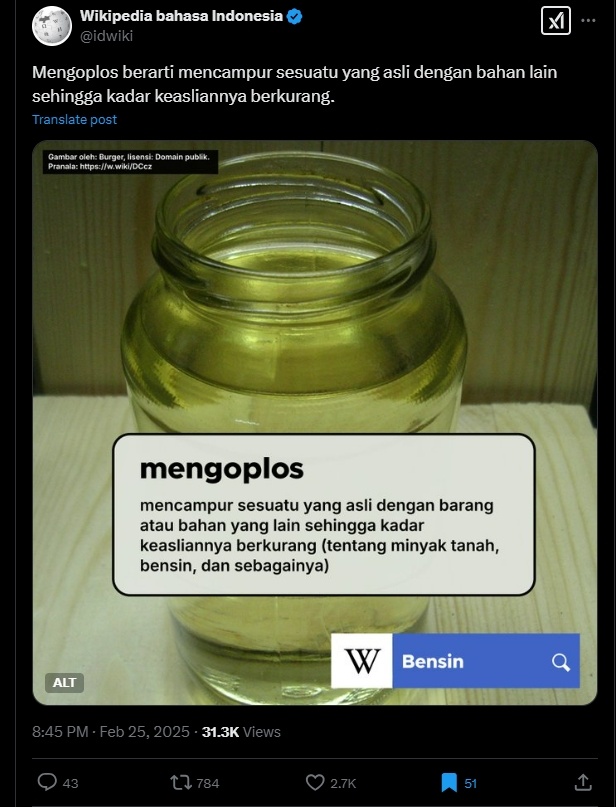 Wikipedia Indonesia jelaskan arti kata 'mengoplos' dengan ilustrasi bensin. (X)