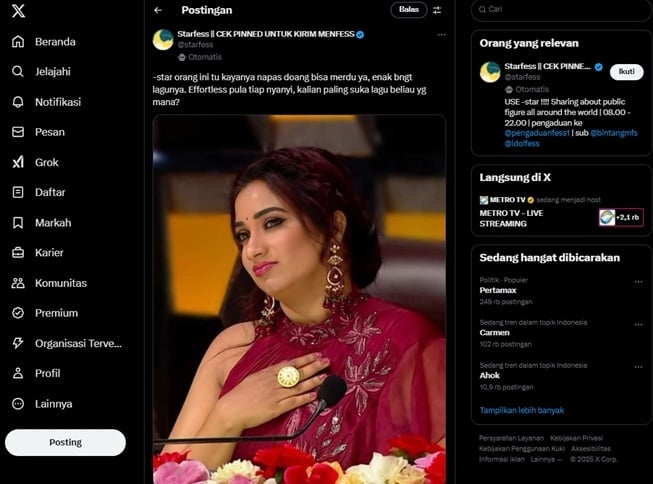 Shreya Ghoshal mencuri perhatian warganet (X)