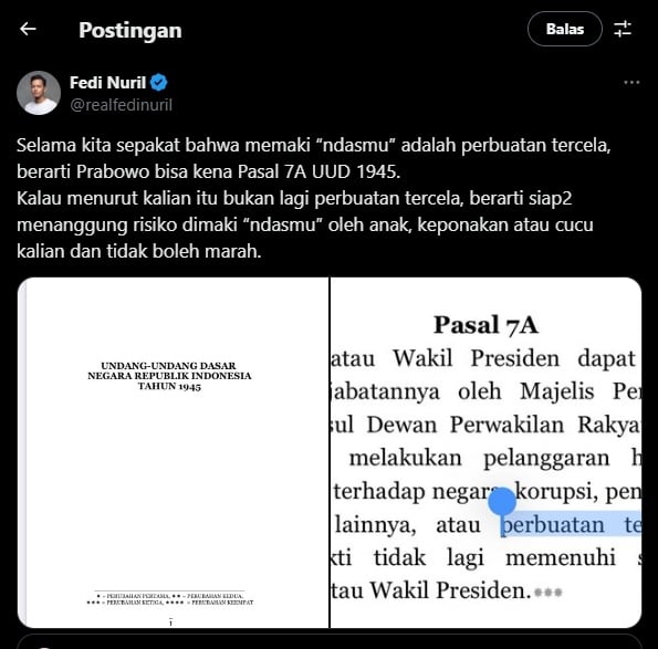 Cuitan Fedi Nuril yang menyoal ucapan Ndasmu Presiden Prabowo. (tangkapan layar/X)