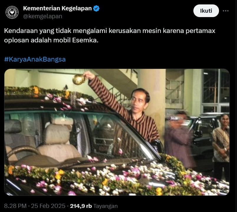 Mobil Jokowi anti rusak karena BBM oplosan. (x/kemgelapan)