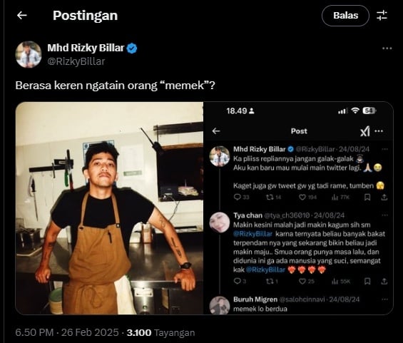 Cuitan Rizky Billar dihina dengan sebutan alat kelamin perempuan (X)