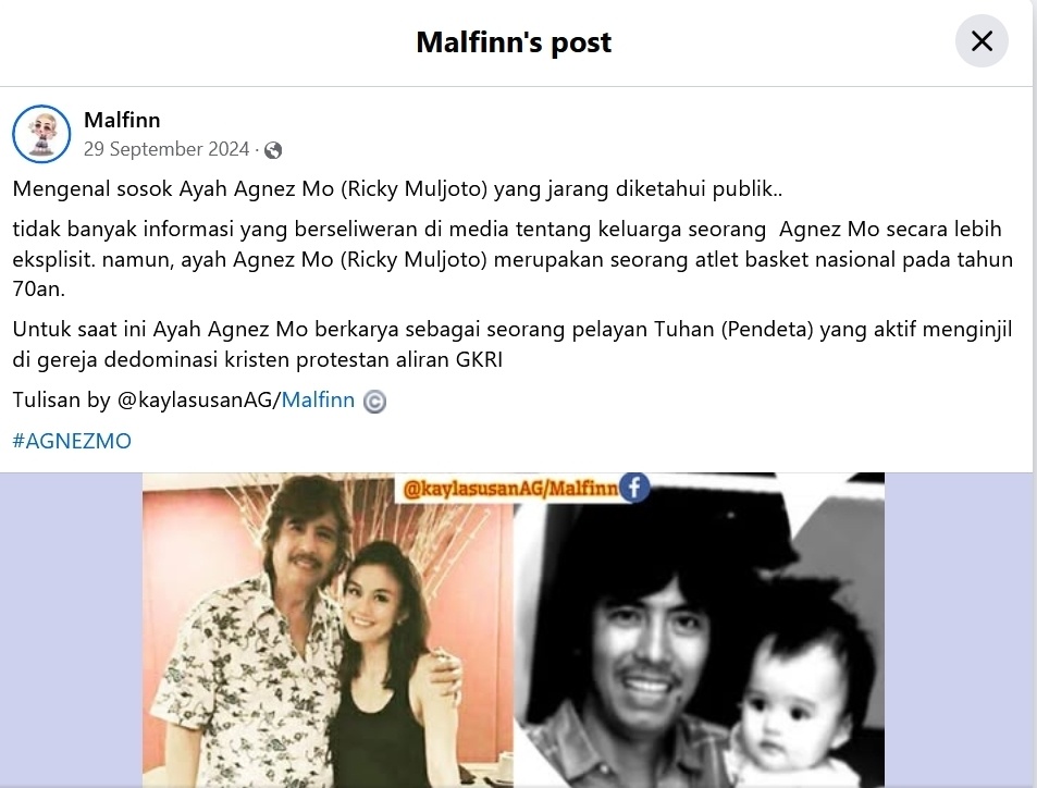 Tangkapan layar postingan Facebook tentang Ricky Muljoto ayah Agnez Mo. [Facebook/Malfinn]