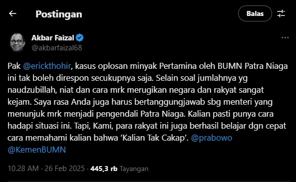 Cuitan mantan anggota DPR RI, Akbar Faizal murka terkait skandal mega korupsi di Pertamina.  (Tangkapan layar/X)