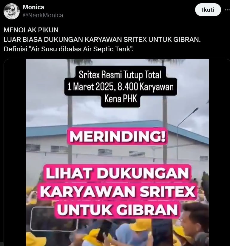 Pegawai PT Sritex beri dukungan untuk Gibran Rakabuming. (x/NenkMonica)