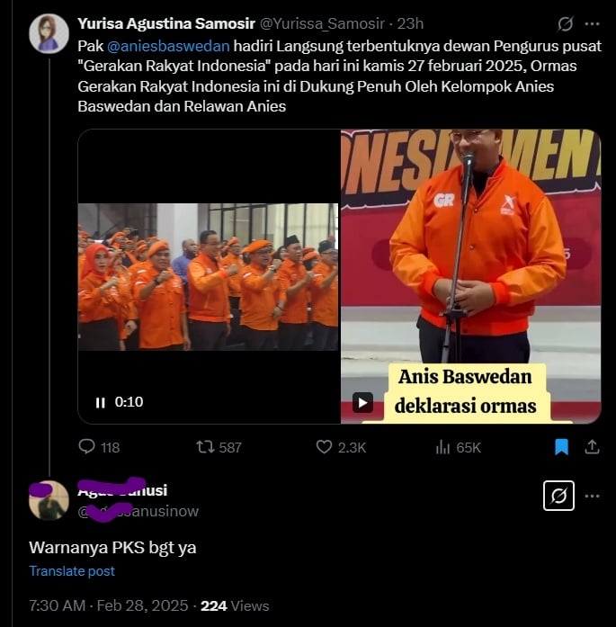 Netizen menilai warna ormas Gerakan Rakyat mirip PKS. (X)