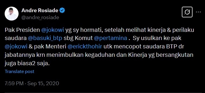 Tangkapan layar Andre Rosiade meminta Ahok dicopot dari jabatan Komisaris Utama Pertamina. [X/@andre_rosiade]