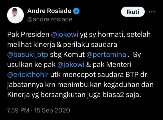 Andre Rosiade ingin Basuki Tjahaja Purnama alias Ahok dicopot jabatan (X)