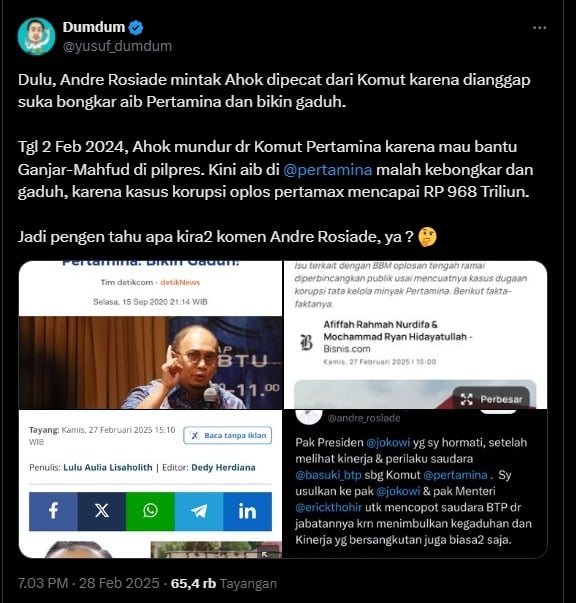 Cuitan tentang Andre Rosiade yang meminta Ahok dicopot jabatannya di Pertamina (X)