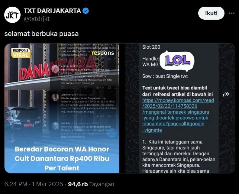 Info honor buzzer Danantara. (x/txtdrjkt)