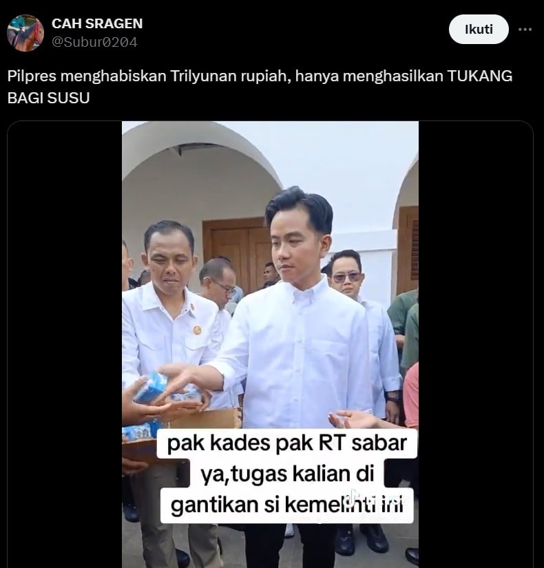 Gibran Rakabuming bagi-bagi susu. (x/Subur0204)