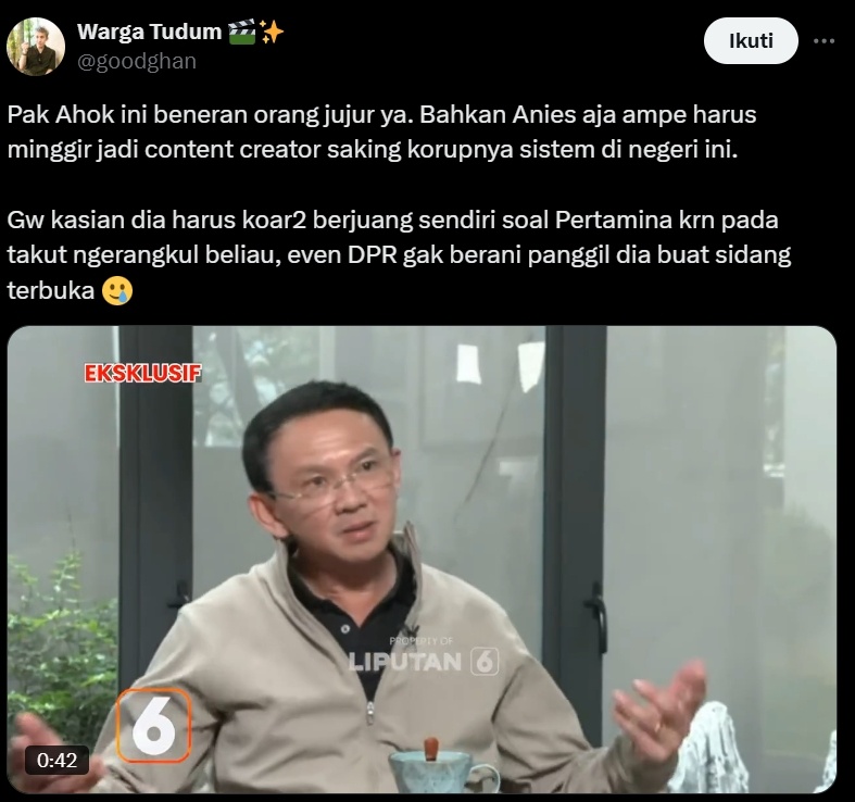 Publik singgung Anies saat Ahok koar-koar bongkar borok Pertamina. (x/goodghan)