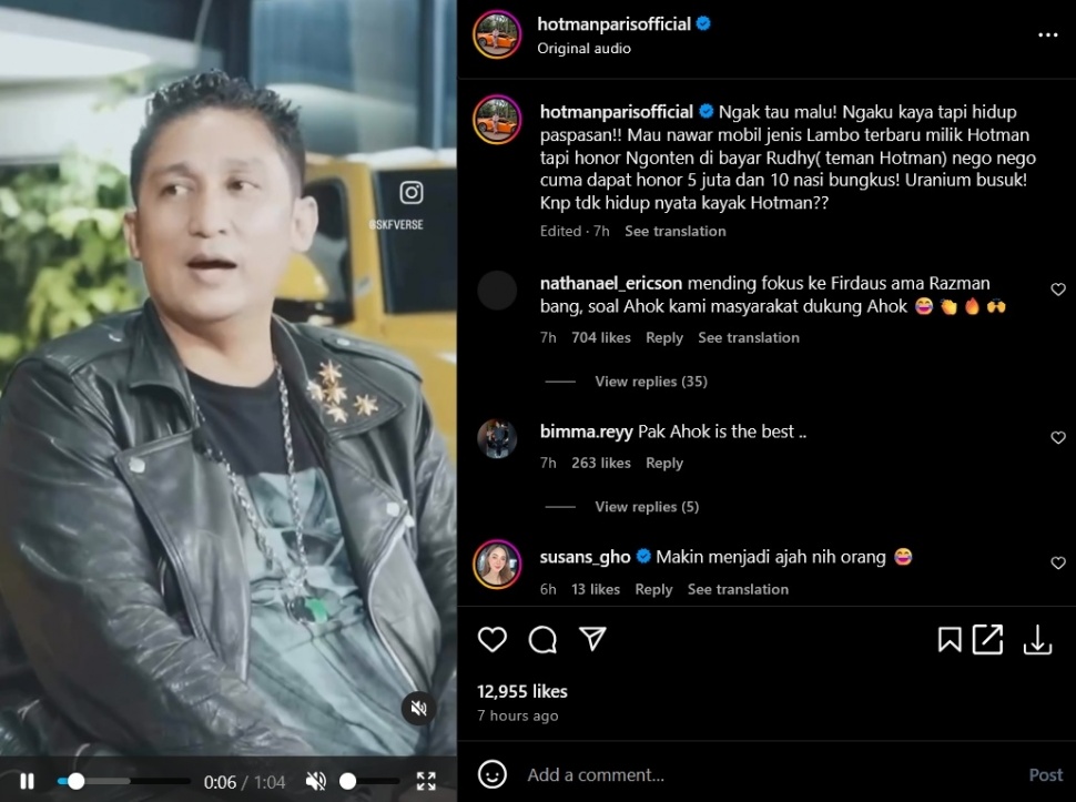 Hotman Paris membocorkan honor podcast Firdaus Oiwobo. [Instagram/@hotmanparisofficial]