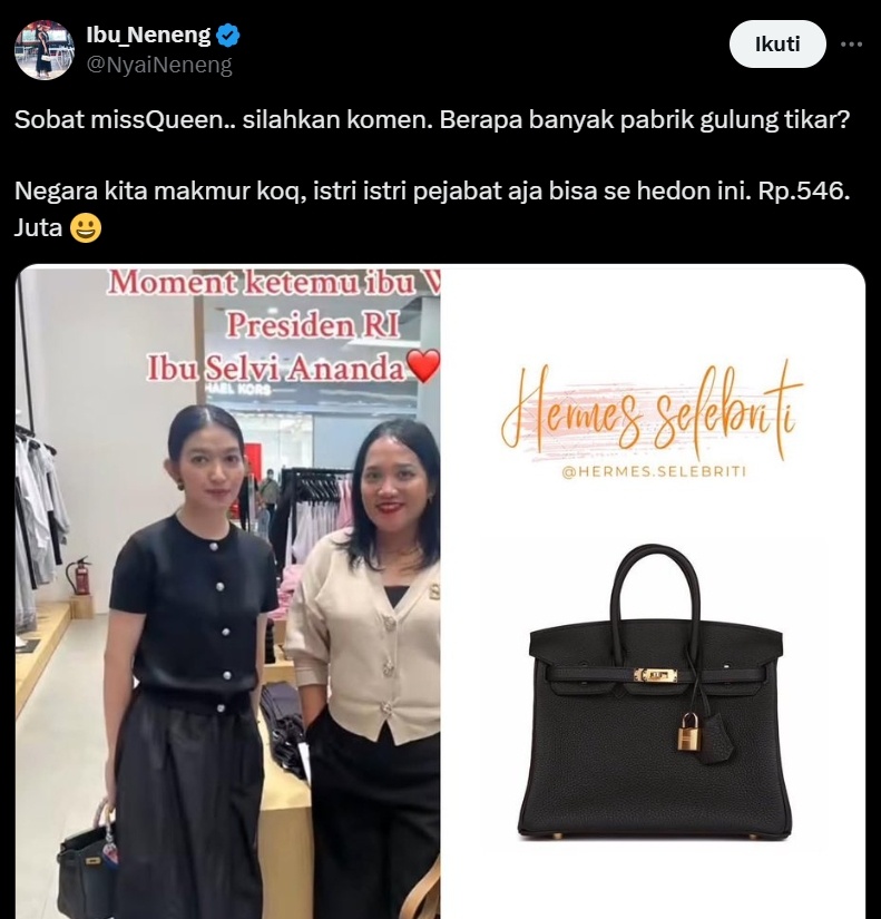 Tas mewah Selvi Ananda. (x/NyaiNeneng)