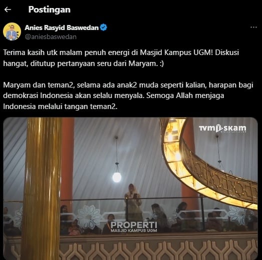 Unggahan video siswi SMA saat bertanya kepada Anies dalam acara tausiah di Masjid Kampus UGM. (tangkapan layar/X)