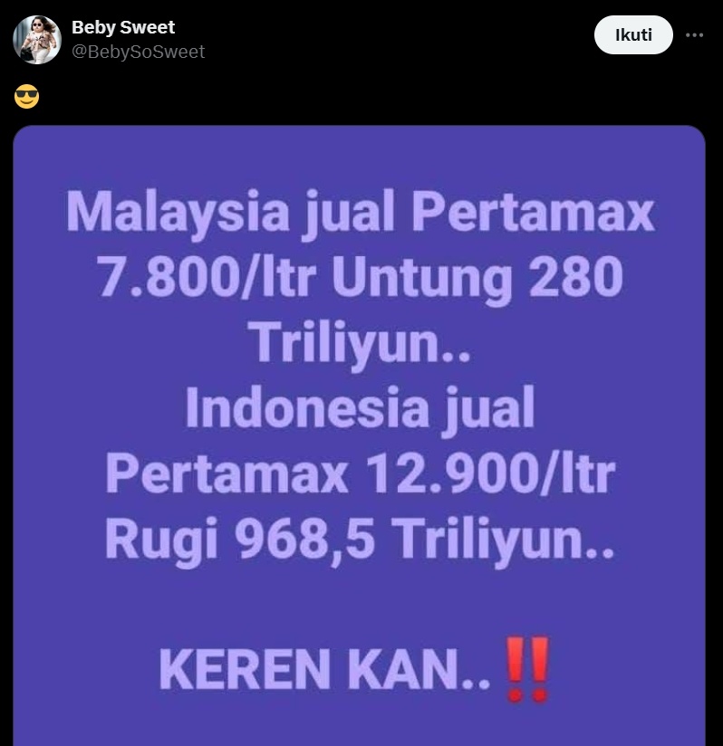 Harga Pertamax di Malaysia dan Indonesia. (x/BebySoSweet)