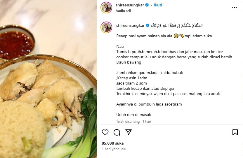 Nasi ayam hainan ala Shireen Sungkar. (Instagram)