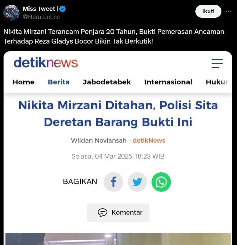 Nikita Mirzani ditetapkan sebagai tersangka kasus pemerasan. (x/Heraloebss)