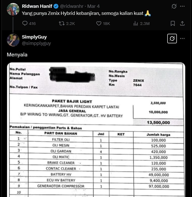 Tagihan biaya perbaikan Innova Zenix viral di media sosial. (X)