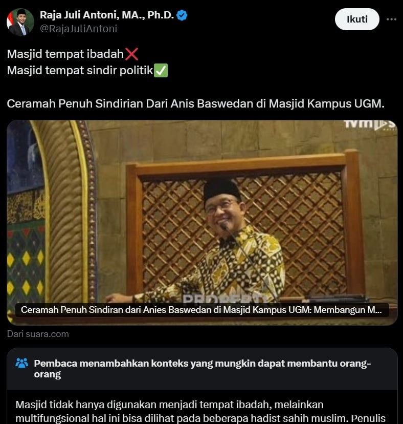 Sindiran Raja Juli Antoni ke Anies Baswedan. (x/RajaJuliAntoni)