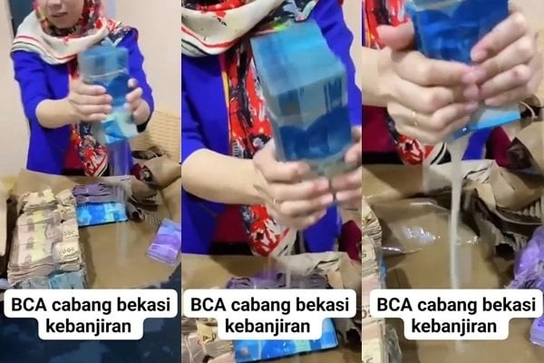 Viral pegawai bank di Bekasi keringkan uang tunai puluhan juta yang kebanjiran (X/@PapiUcit)