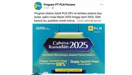 Cek Fakta link perpanjangan diskon listrik PLN 50 persen (Facebook)