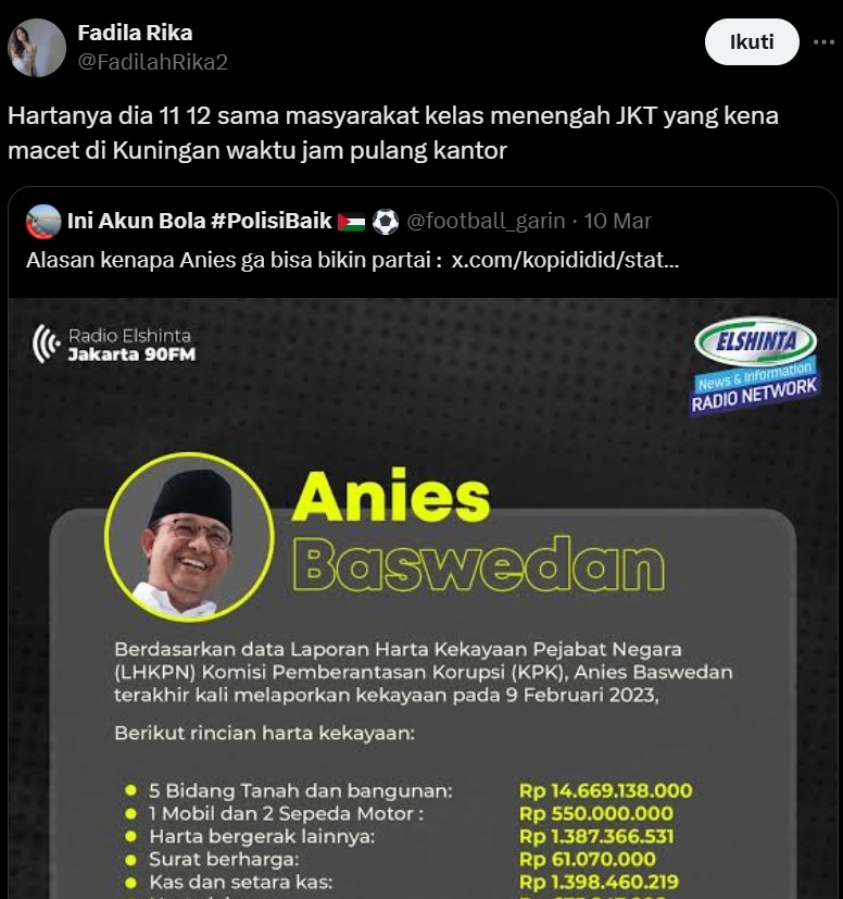 Harta kekayaan Anies Baswedan. (x/FadilahRika2)