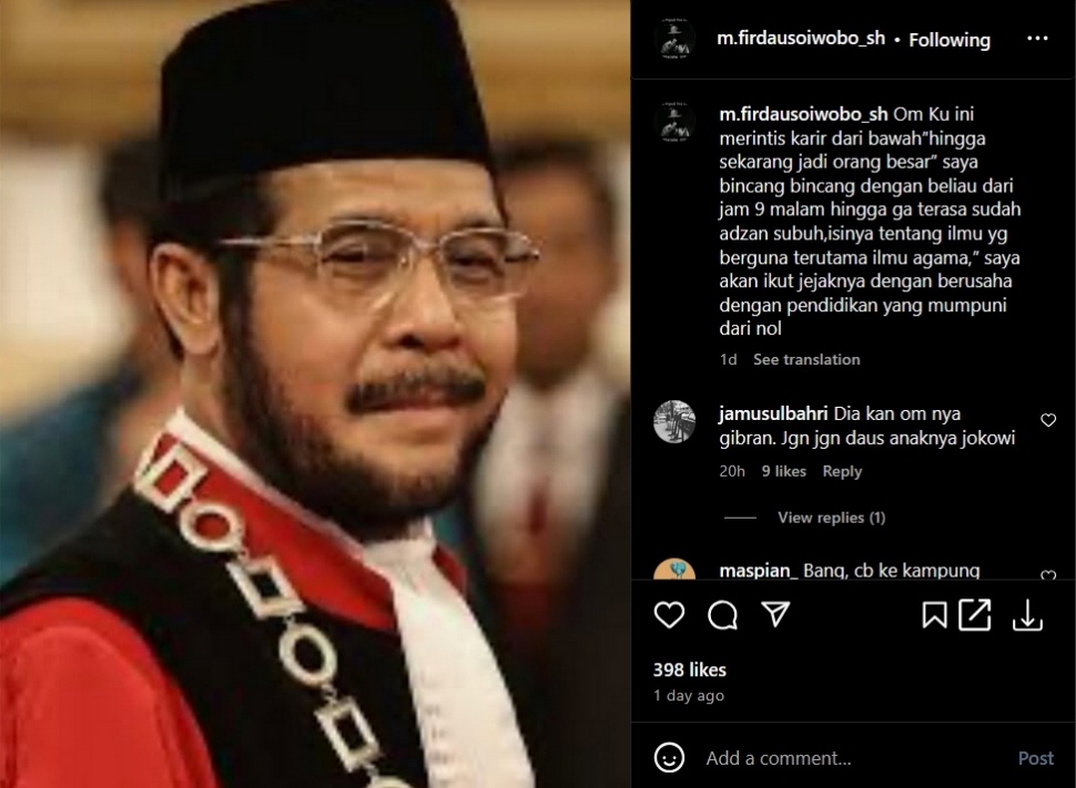 Tangkapan layar Firdaus Oiwobo memanggil Anwar Usman dengan sebutan 'Om'. [Instagram/@m.firdausoiwobo_sh]