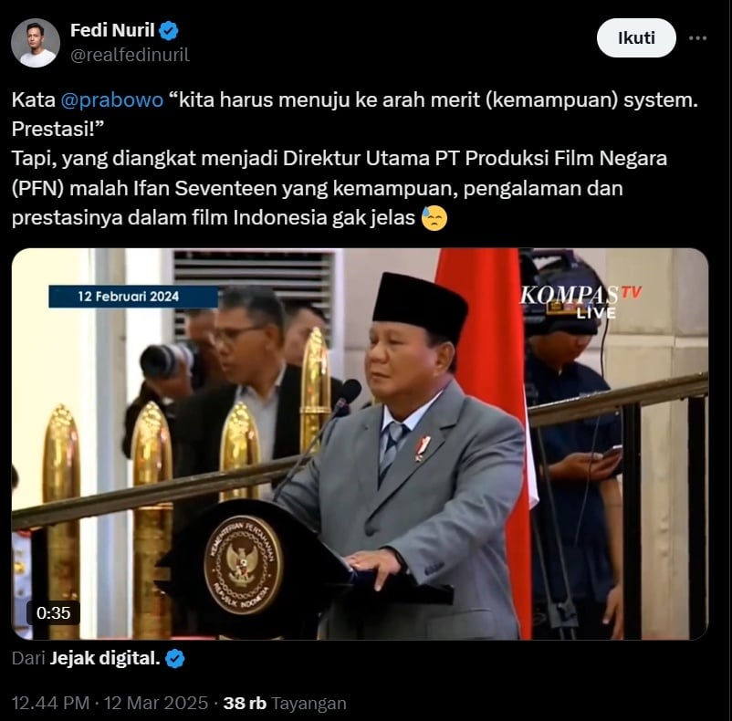 Fedi Nuril kritik keputusan Prabowo angkat Ifan Seventeen. (x/realfedinuril)