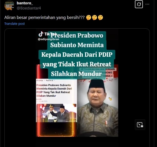 Cek Fakta Prabowo minta kader PDIP yang tak ikut retret kepala daerah untuk mundur (X)