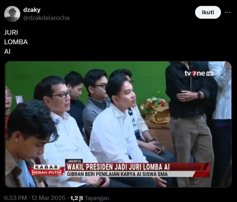 Gibran Rakabuming jadi juri lomba AI. (x/dzakdelarocha)