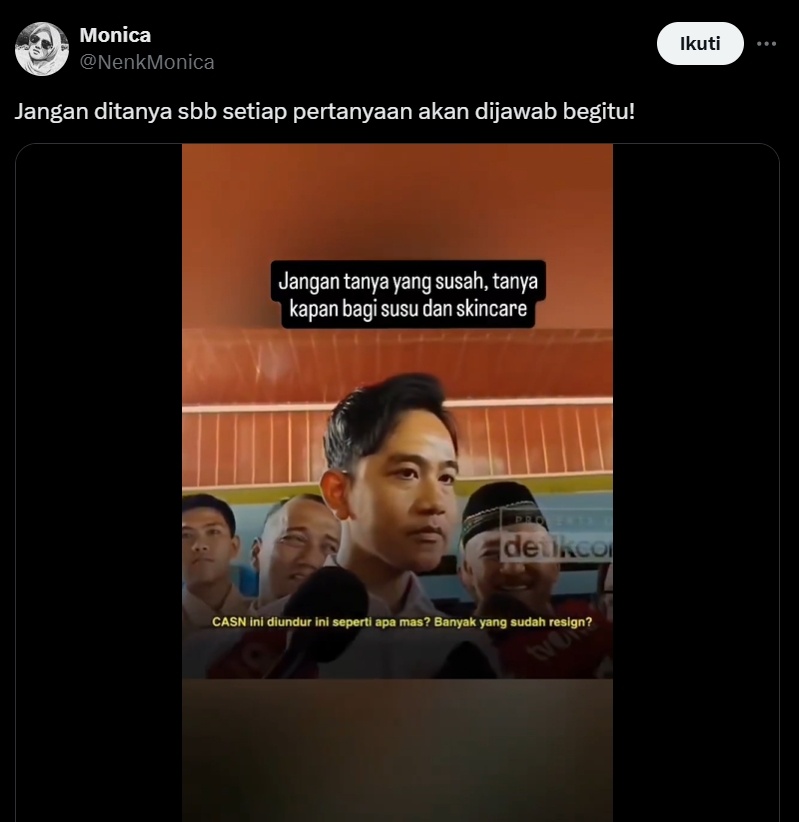 Jawaban Gibran Rakabuming mengenai penerimaan CASN yang diundur. (x/NenkMonica)